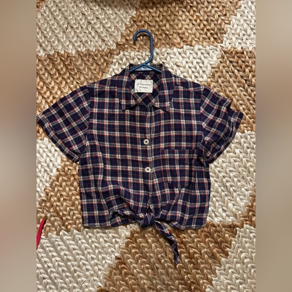 Les Coyotes De Paris Tops - Les Coyotes Des Paris Plaid Linen Cropped Tie Front Shirt - Blue and Red, Small